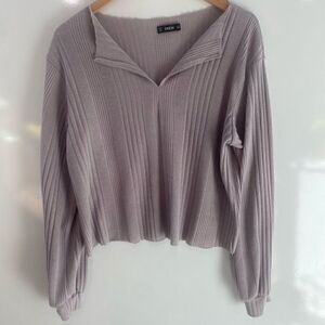 SHEIN Womens Casual V Neck Long Bishop Sleeve Ribbed Crop Top Gray Size Medium